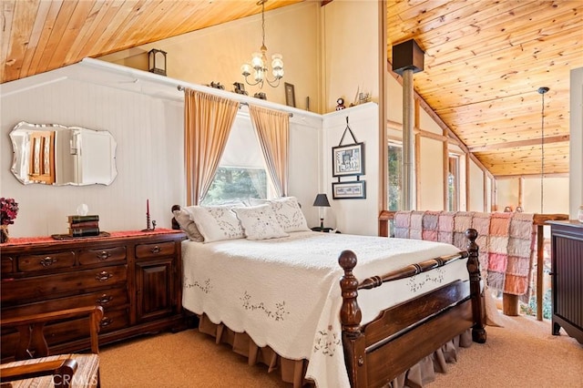 carpeted bedroom featuring wood ceiling, vaulted ceiling, and a notable chandelier