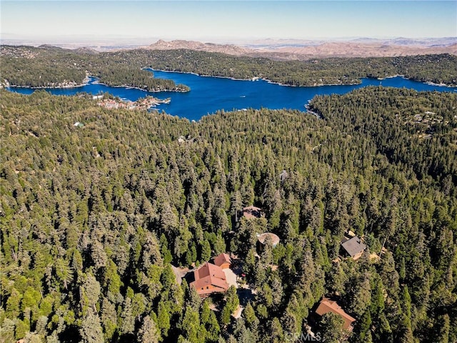 drone / aerial view featuring a water and mountain view