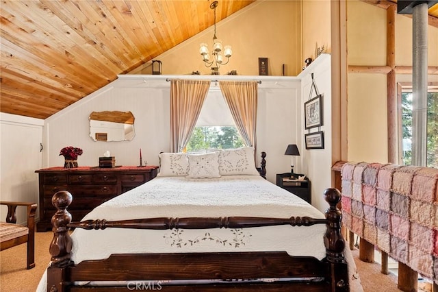 bedroom featuring carpet flooring, a chandelier, vaulted ceiling, and wooden ceiling