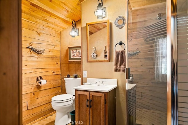 bathroom featuring wooden walls, a shower with shower door, vanity, toilet, and wooden ceiling