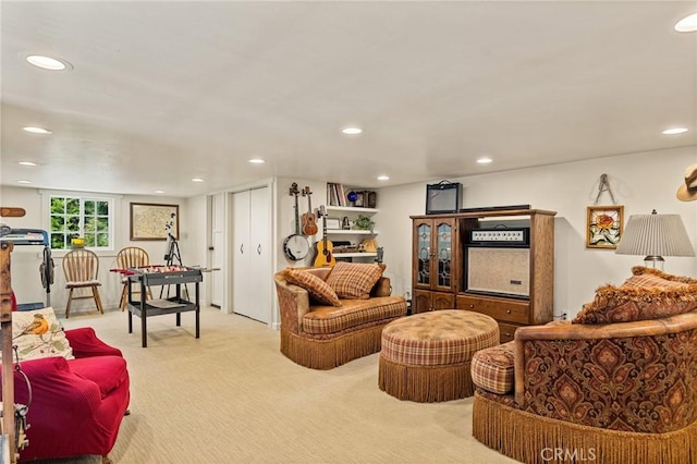 living room with light colored carpet