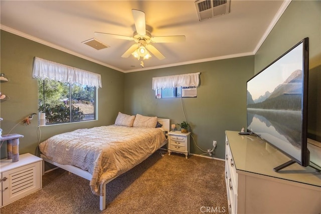 bedroom with ceiling fan, crown molding, and carpet floors