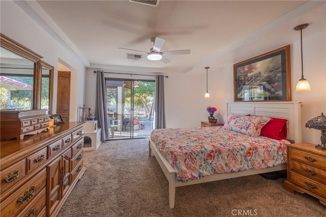 bedroom featuring access to outside, ceiling fan, and carpet