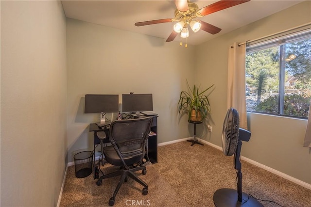 office space with ceiling fan and carpet flooring