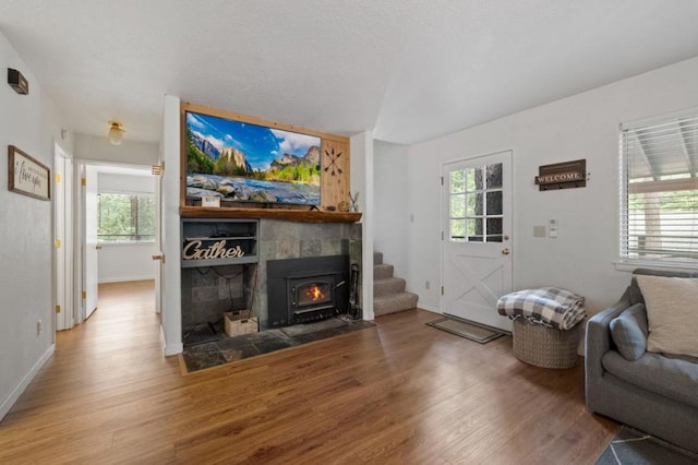 living room featuring hardwood / wood-style flooring, a fireplace, and a wood stove