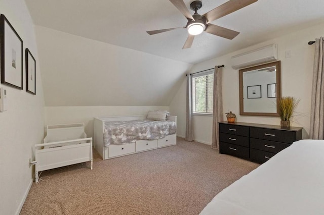 carpeted bedroom with lofted ceiling, an AC wall unit, and ceiling fan