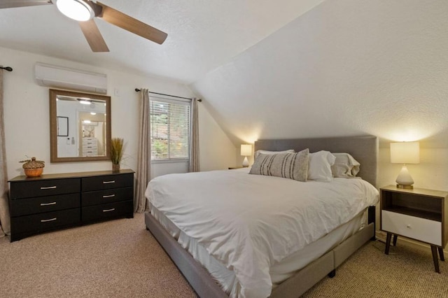 carpeted bedroom with a textured ceiling, lofted ceiling, an AC wall unit, and ceiling fan