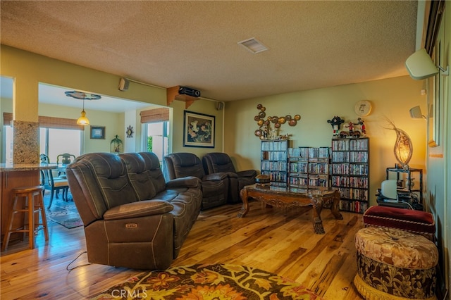 living room featuring wood-type flooring and a textured ceiling