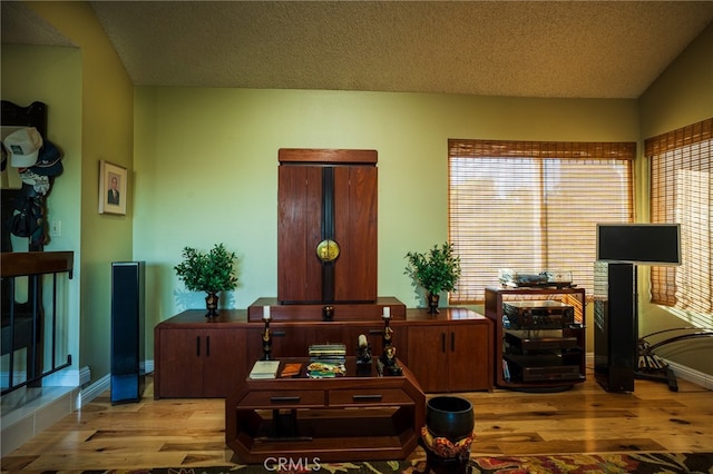 living room featuring a textured ceiling and light hardwood / wood-style floors