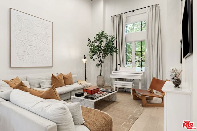 living room featuring a high ceiling and light hardwood / wood-style floors