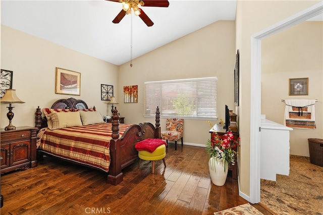 bedroom with dark wood-type flooring, vaulted ceiling, baseboards, and a ceiling fan