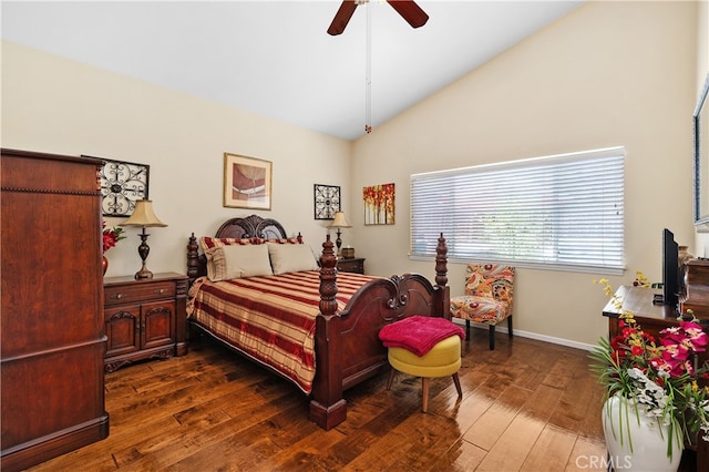 bedroom with a ceiling fan, lofted ceiling, dark wood-style flooring, and baseboards