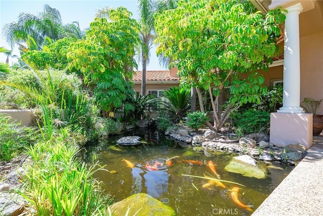 view of yard featuring a garden pond