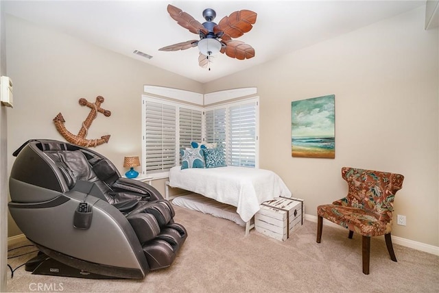 bedroom featuring light carpet, ceiling fan, and lofted ceiling