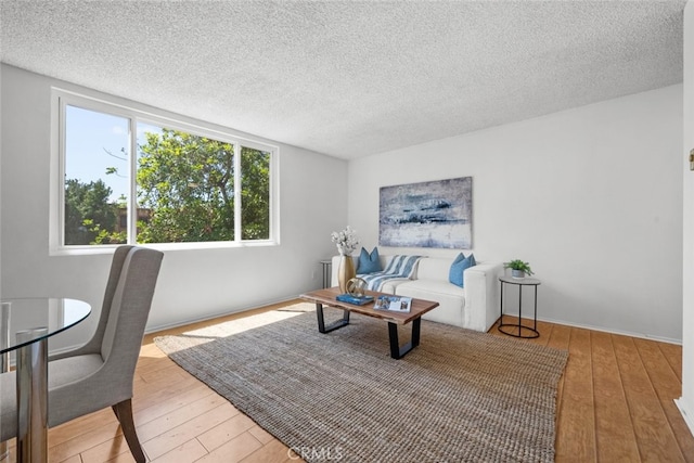 living room featuring a textured ceiling and light wood-type flooring