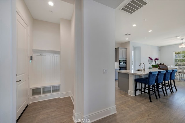 interior space featuring sink and dark wood-type flooring