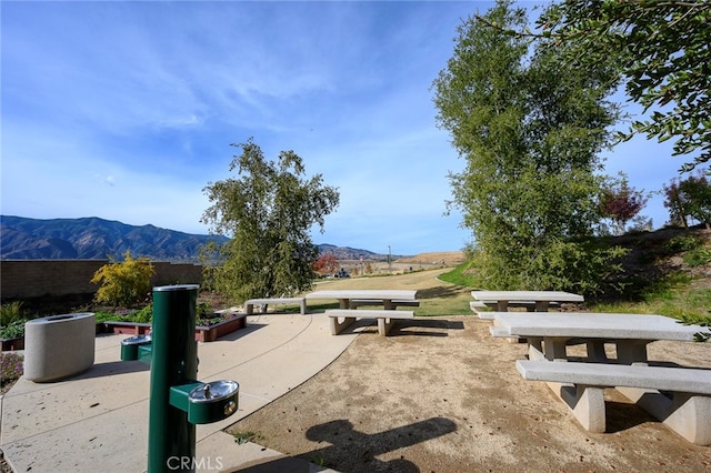 view of patio with a mountain view