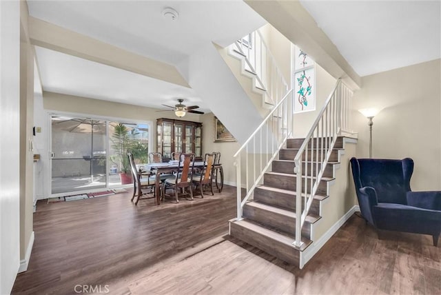 stairs featuring hardwood / wood-style floors and ceiling fan