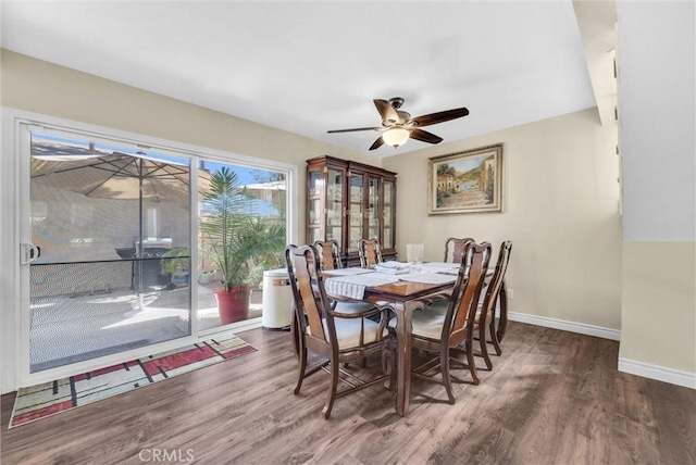 dining room featuring ceiling fan and dark wood-type flooring