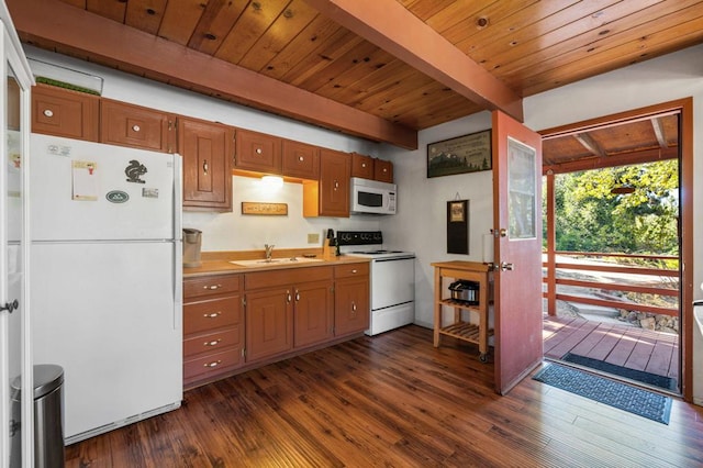 kitchen with sink, white appliances, dark hardwood / wood-style flooring, and beam ceiling