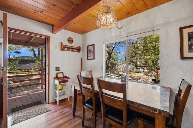 dining space featuring an inviting chandelier, wood ceiling, beam ceiling, and wood-type flooring