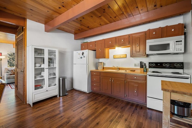 kitchen with beam ceiling, sink, white appliances, wood ceiling, and dark wood-type flooring