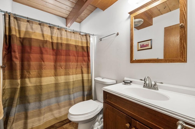 bathroom with vanity, toilet, walk in shower, lofted ceiling with beams, and wooden ceiling