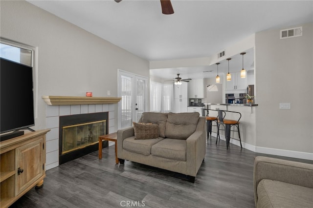 living room featuring a fireplace and dark wood-type flooring