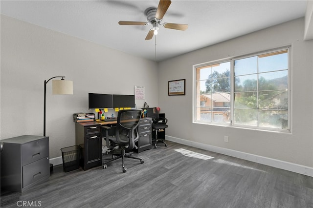 office area featuring ceiling fan and dark wood-type flooring