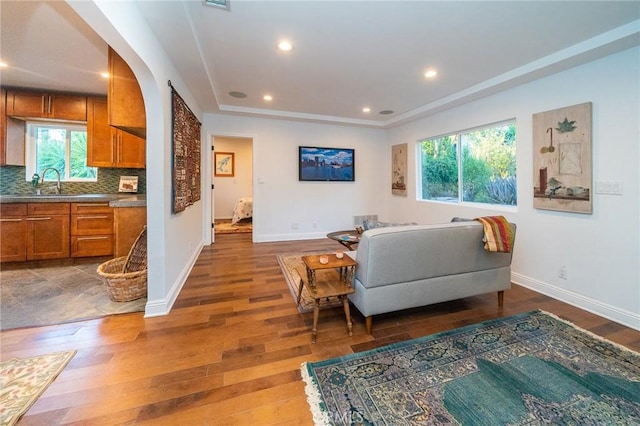 living room with dark hardwood / wood-style floors