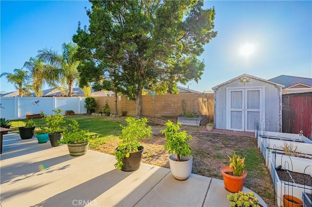 view of patio / terrace featuring a storage unit