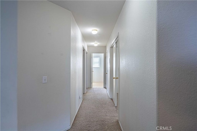 hall with light colored carpet