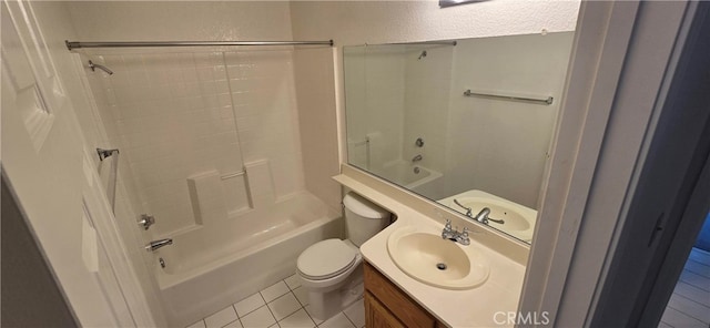 full bathroom with shower / bathtub combination, vanity, toilet, and tile patterned floors