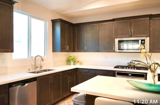 kitchen with stainless steel appliances, lofted ceiling, dark brown cabinetry, and sink