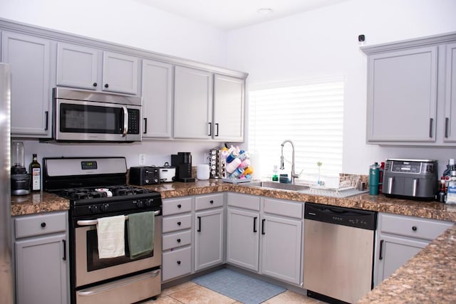 kitchen featuring gray cabinets, sink, and stainless steel appliances