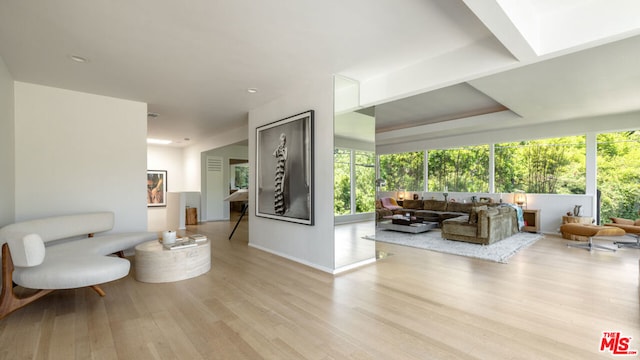 sitting room with light hardwood / wood-style floors and a healthy amount of sunlight