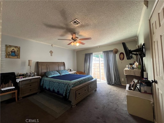 bedroom featuring a textured ceiling, carpet floors, ceiling fan, and crown molding