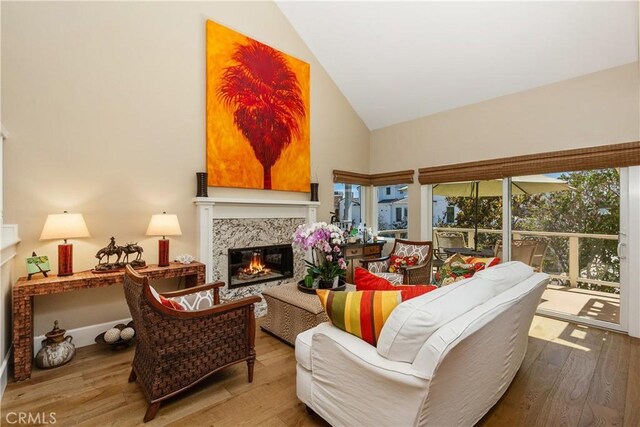 living room featuring high vaulted ceiling, wood-type flooring, and a high end fireplace