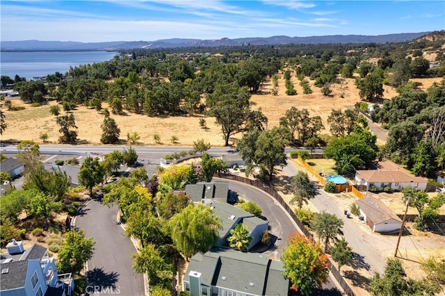 birds eye view of property with a water and mountain view