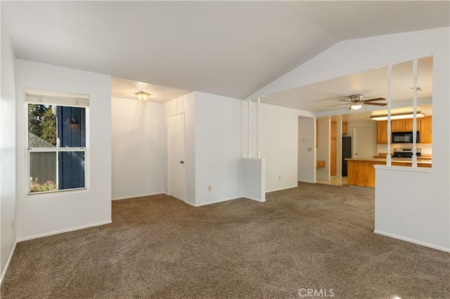 unfurnished living room with carpet flooring, ceiling fan, and lofted ceiling