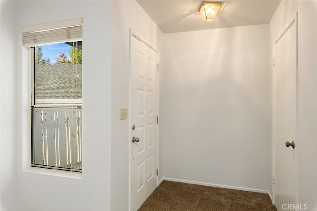 doorway to outside with dark colored carpet