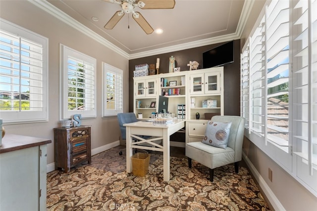 home office featuring crown molding and ceiling fan