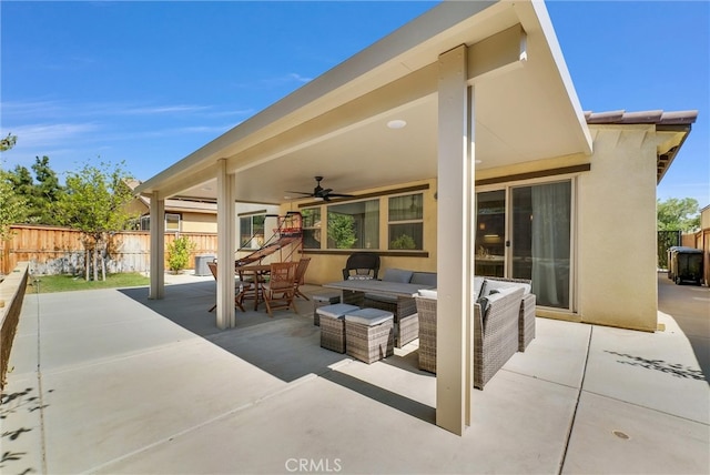 view of patio with an outdoor hangout area and ceiling fan