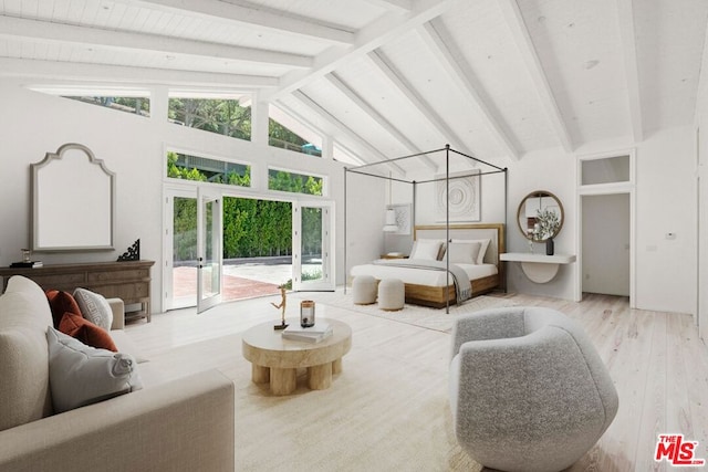 bedroom featuring hardwood / wood-style floors, vaulted ceiling with beams, access to outside, and french doors