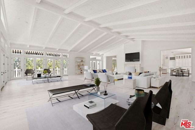 living room with beamed ceiling, french doors, light wood-type flooring, and high vaulted ceiling