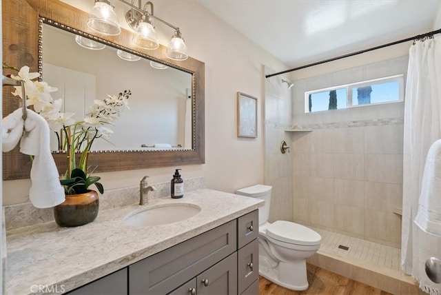 bathroom with vanity, a shower with curtain, wood-type flooring, and toilet