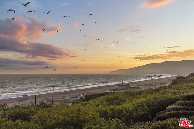 property view of water featuring a mountain view and a beach view