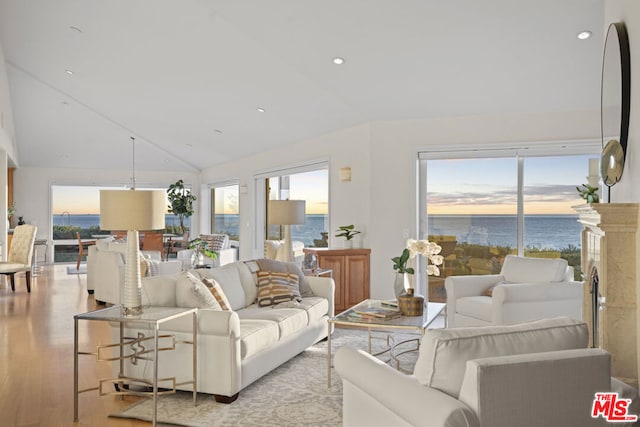 living room featuring lofted ceiling, plenty of natural light, and light hardwood / wood-style floors