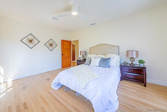 bedroom featuring ceiling fan and light wood-type flooring