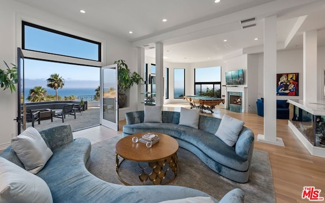 living room featuring pool table and light hardwood / wood-style flooring